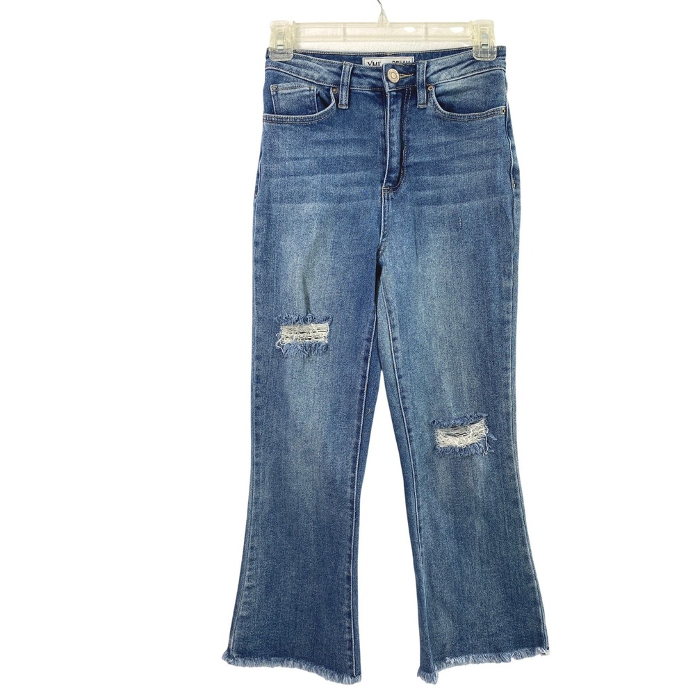 YMI Dream Cropped Flare Jeans Women 3/26 Distressed Raw Hem Blue Denim High Rise